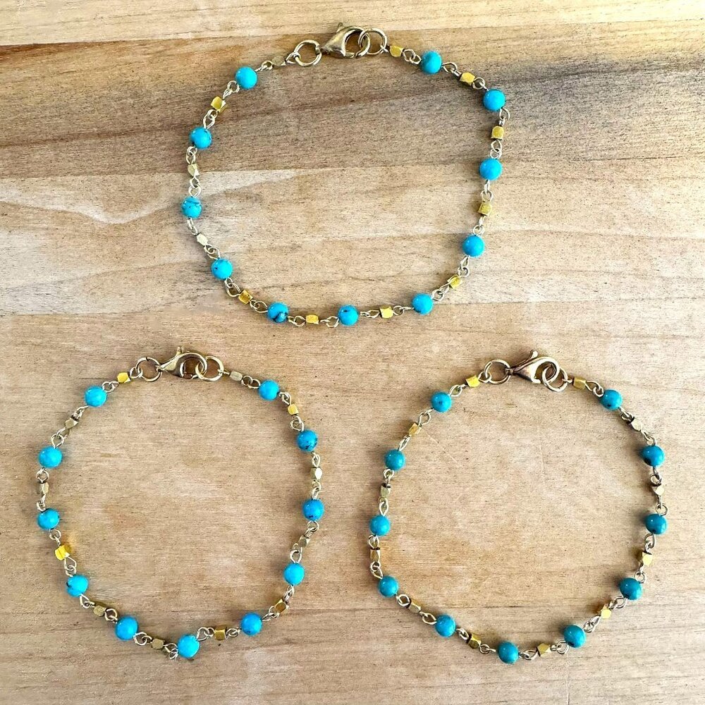 TURQUOISE COLOR BEADED GOLDTONE CHAIN BRACELETS - set of 3 - 7.5"